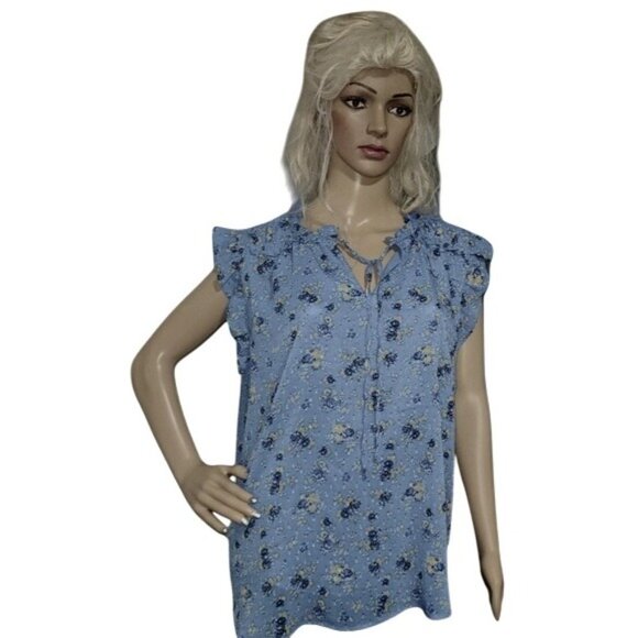 Maison D Amelie Blue Floral Ruffle Sleeveless Blouse Women's Size XL So French - Picture 1 of 6